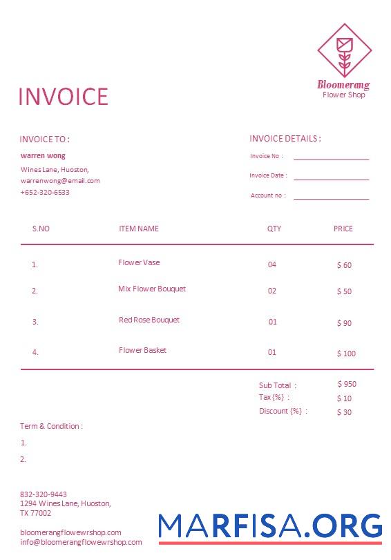 Blank Free Florist Invoice Template